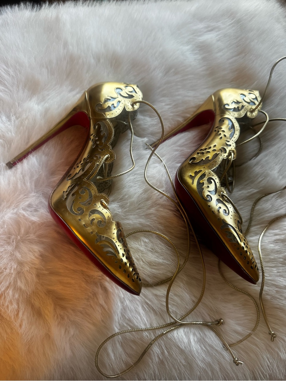 Christian Louboutin Impera Gold Lace-Up Pointed Toe Stilettos with Red Soles